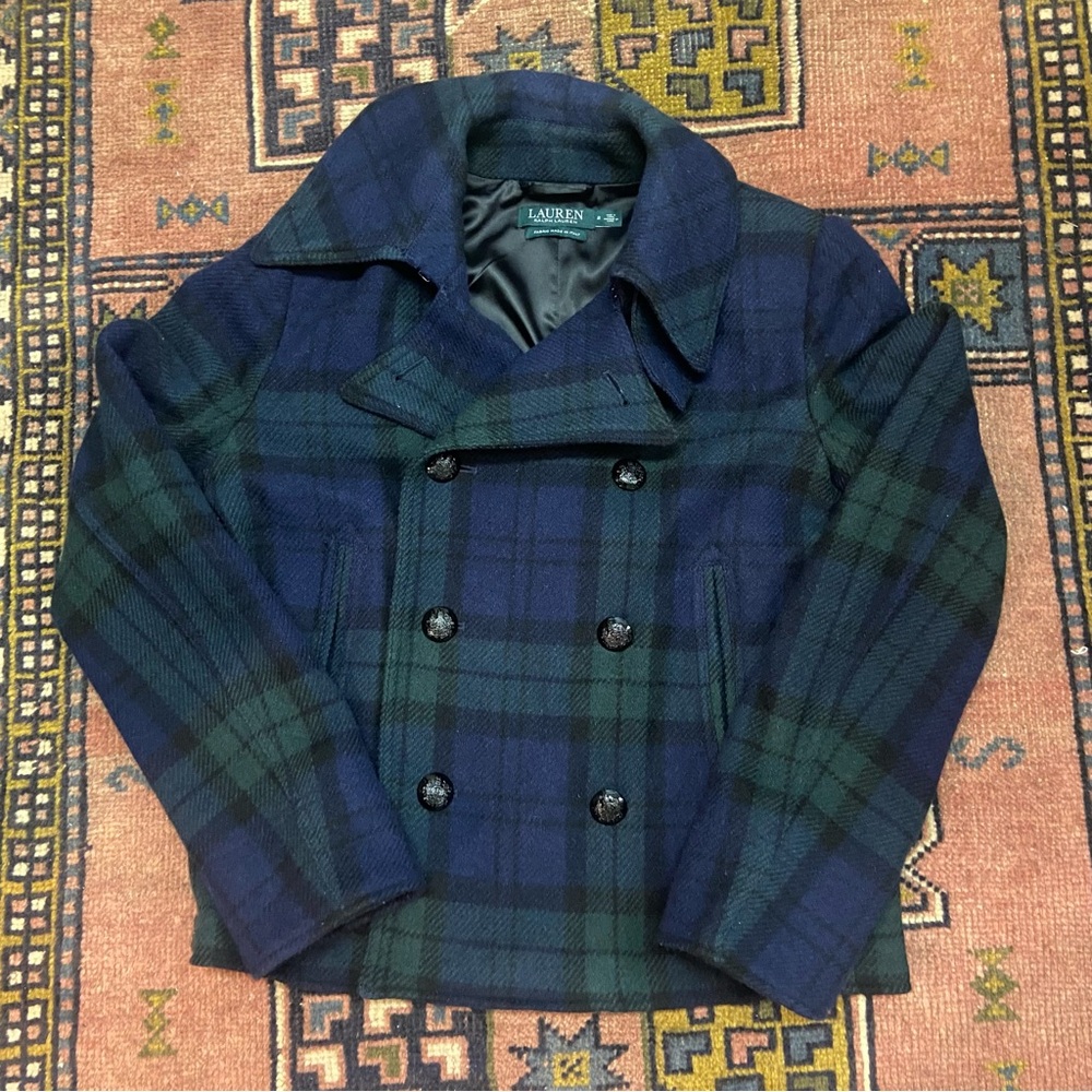 Vintage Lauren Ralph Lauren Women’s Navy and Forest Plaid Peacoat